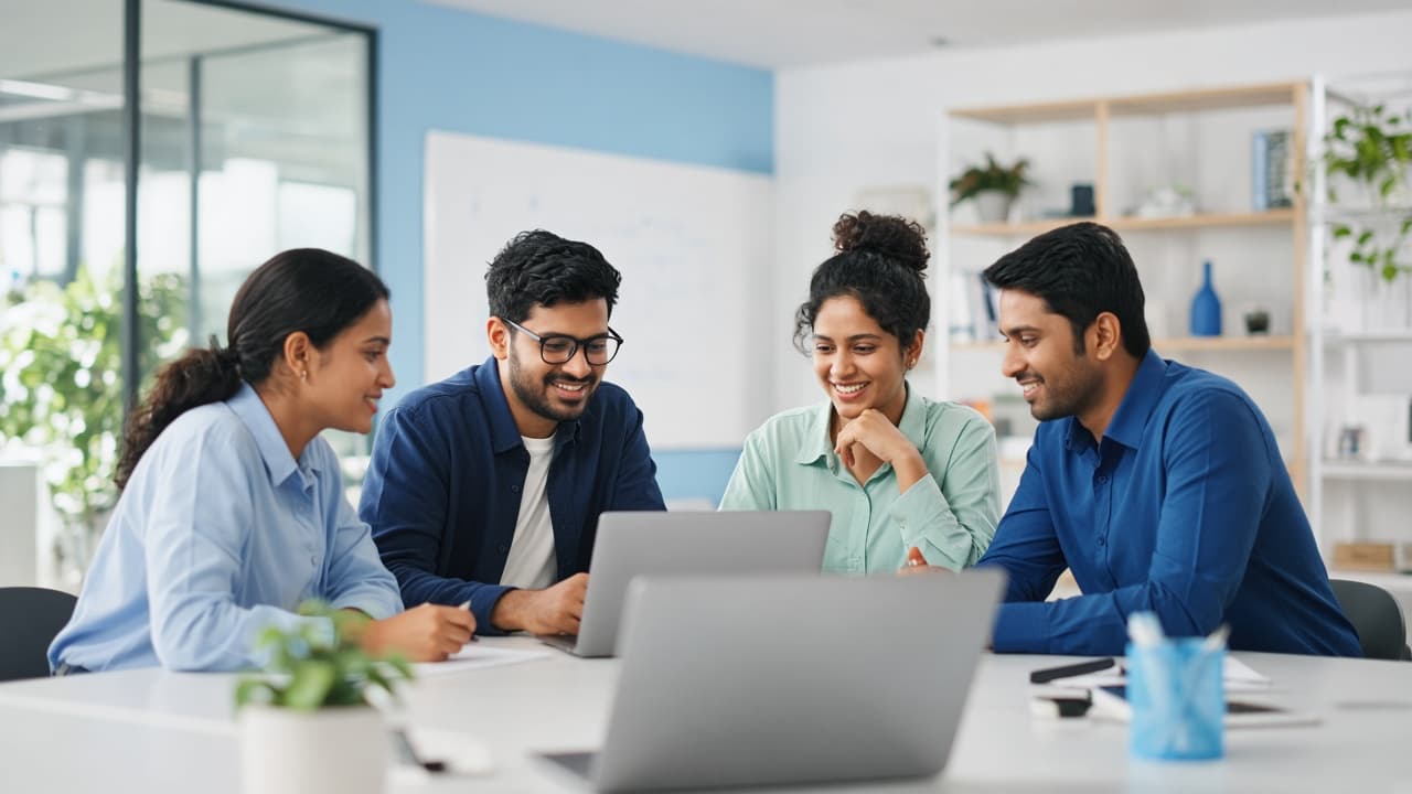 AcadMind AI team collaborating in the office